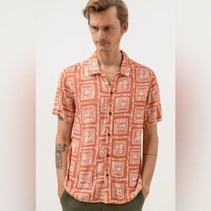 RHYTHM Stamp Short Sleeve Button Down Shirt In Spice Orange/Off-White Men's XL